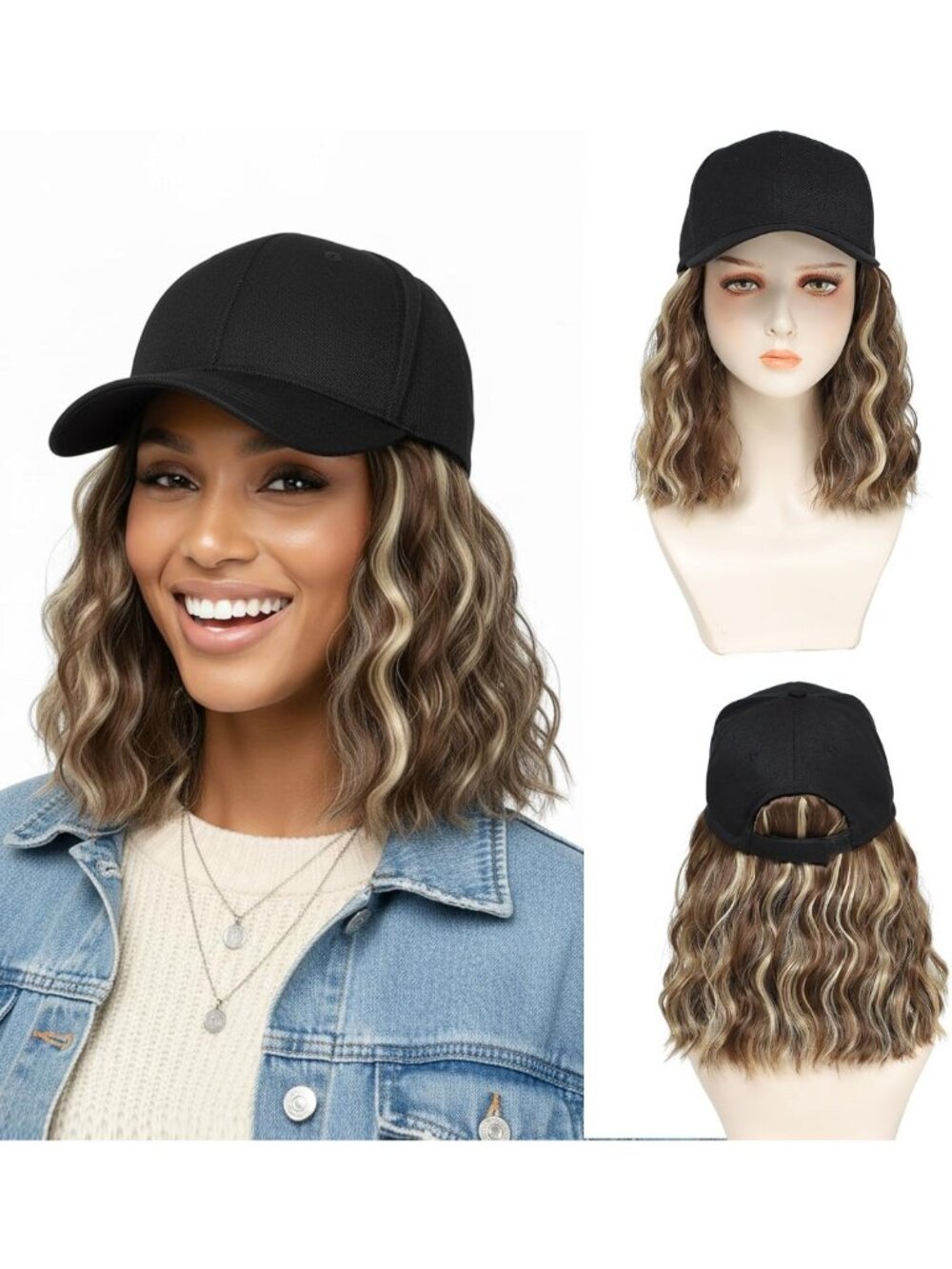 Natural Wave Synthetic Wig Hat with Curly Short Hair Extensions for Women